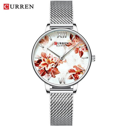 Womens watch Curren with decoupage floral dial, large Roman numerals, silver mesh band on Tampa Home & Garden Store