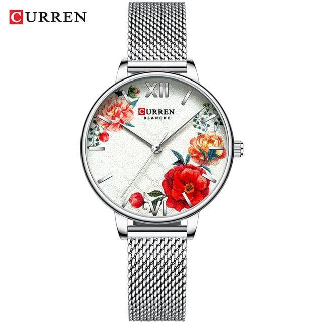 Curren women's watch with floral decoupage dial and large Roman numerals, silver mesh band on Tampa Home & Garden Store