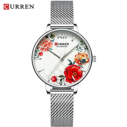 Curren women's watch with floral decoupage dial and large Roman numerals, silver mesh band on Tampa Home & Garden Store