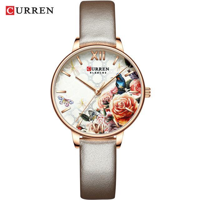 Womens watch with decoupage floral dial, rose-gold case and taupe leather strap Curren logo on Tampa Home & Garden Store