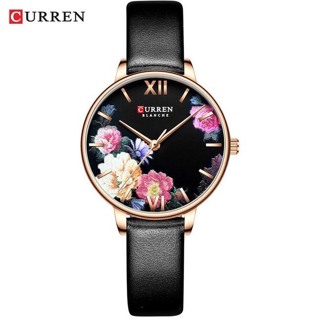 Womens Curren watch with decoupage floral dial, rose-gold case, black leather strap on Tampa Home & Garden Store