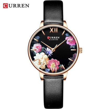 Womens Curren watch with decoupage floral dial, rose-gold case, black leather strap on Tampa Home & Garden Store