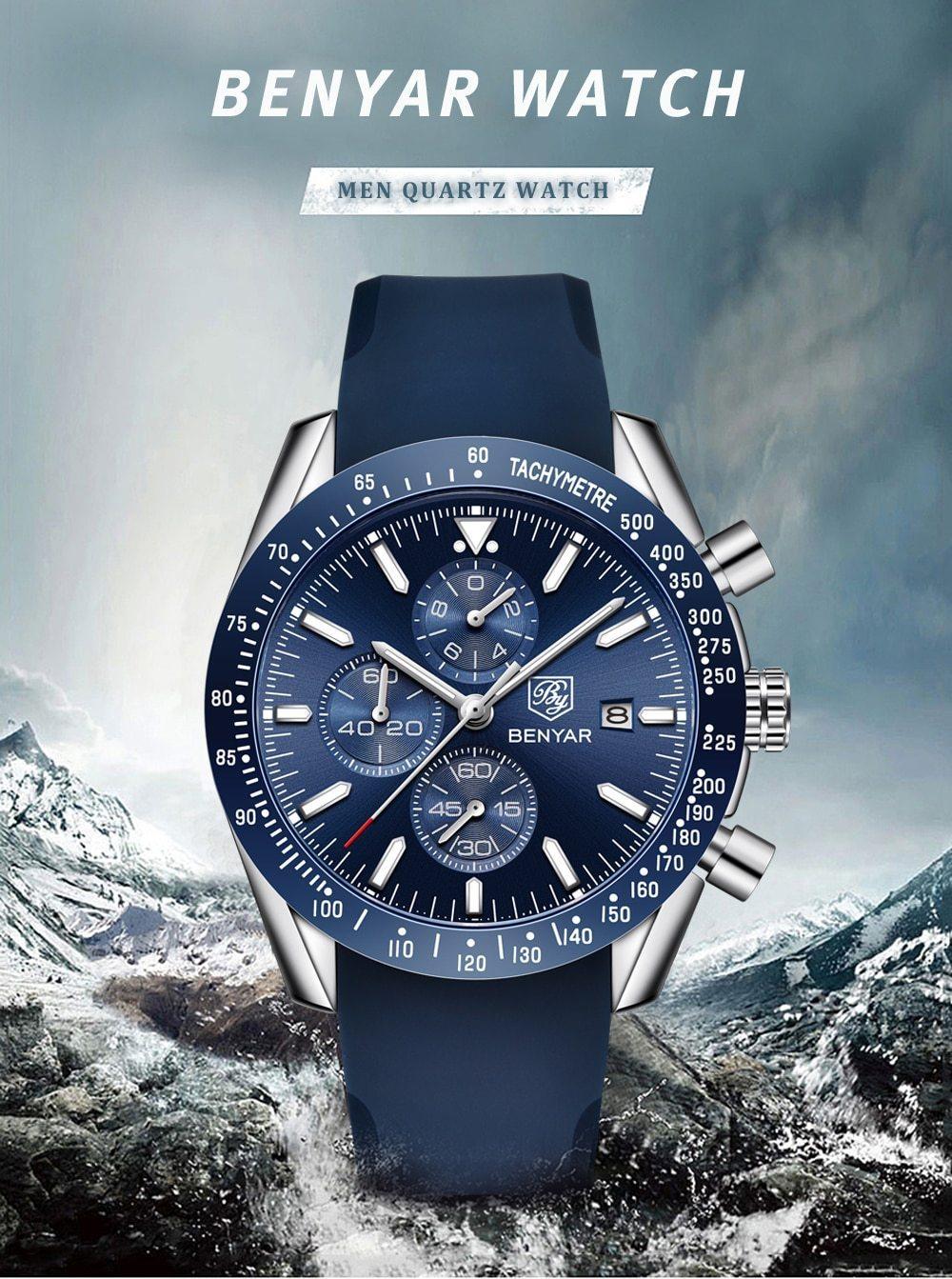 Benyar blue men's chronograph watch with silicone strap and tachymetre bezel on Tampa Home & Garden Store