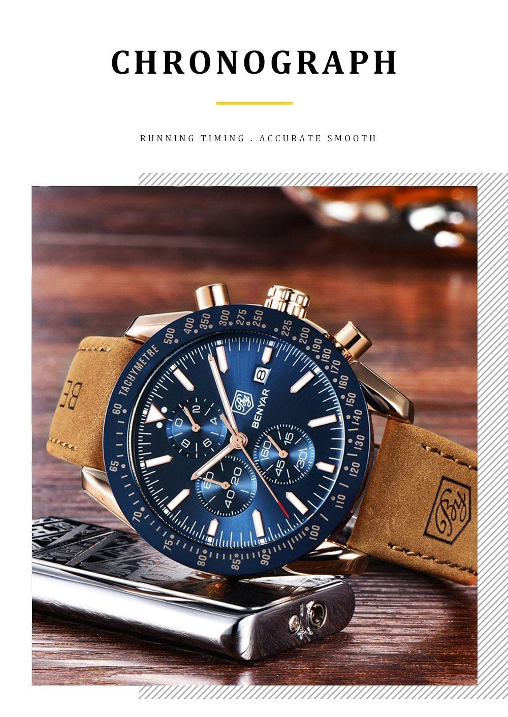Stevvex 2021 blue men's chronograph watch with blue dial tachymeter bezel tan strap BENYAR logo on Tampa Home & Garden Store