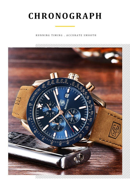 Stevvex 2021 blue men's chronograph watch with blue dial tachymeter bezel tan strap BENYAR logo on Tampa Home & Garden Store