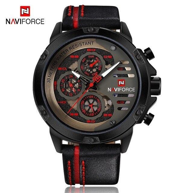 Men's Naviforce waterproof chronograph watch with black leather strap and red stitching on Tampa Home & Garden Store