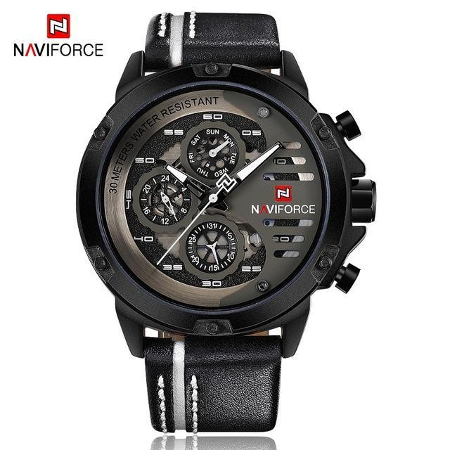 Men's Stevvex Naviforce multi-dial sports chronograph watch with black leather strap on Tampa Home & Garden Store