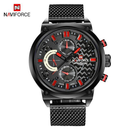 Men's multifunction analog quartz watch with mesh band black dial red accents NAVIFORCE on Tampa Home & Garden Store
