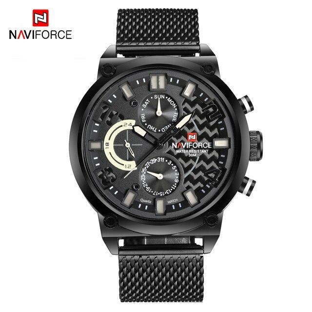 Men's analog quartz watch with black mesh band water resistant 30M NAVIFORCE on Tampa Home & Garden Store