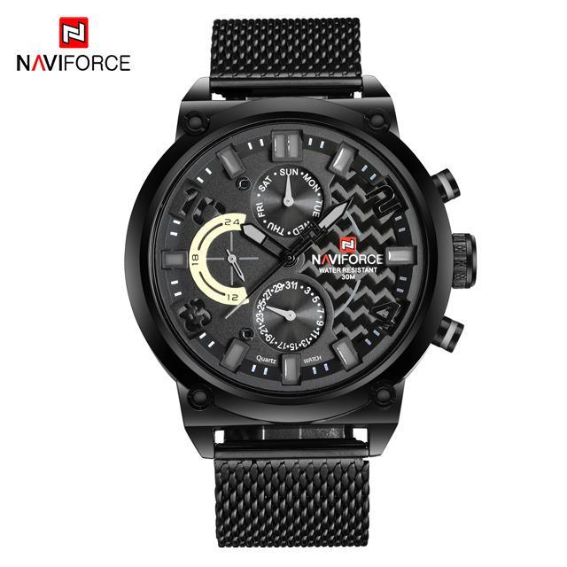Naviforce men's multifunction analog quartz watch ST1N1000MC1 with black stainless mesh band on Tampa Home & Garden Store