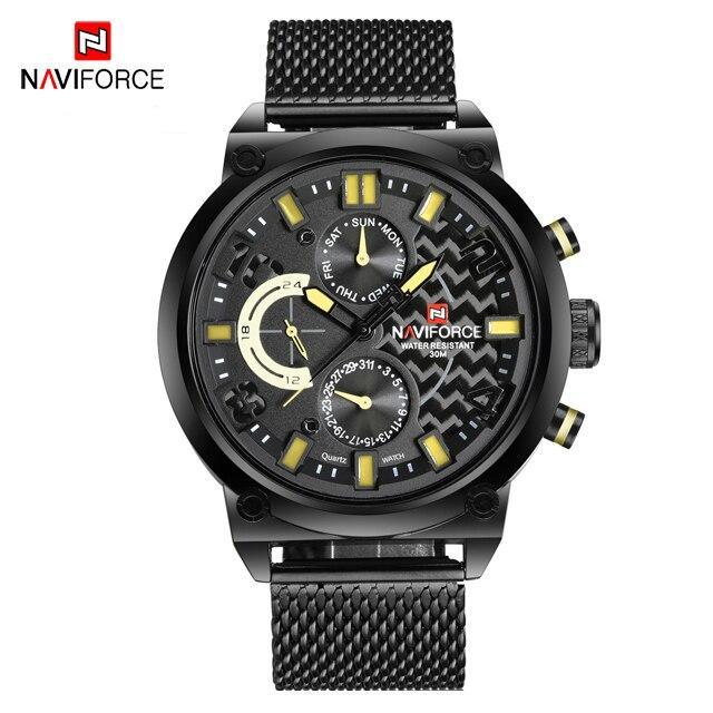 Naviforce men's multifunction analog quartz watch with black mesh band, water resistant 30m on Tampa Home & Garden Store