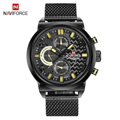 Naviforce men's multifunction analog quartz watch with black mesh band, water resistant 30m on Tampa Home & Garden Store