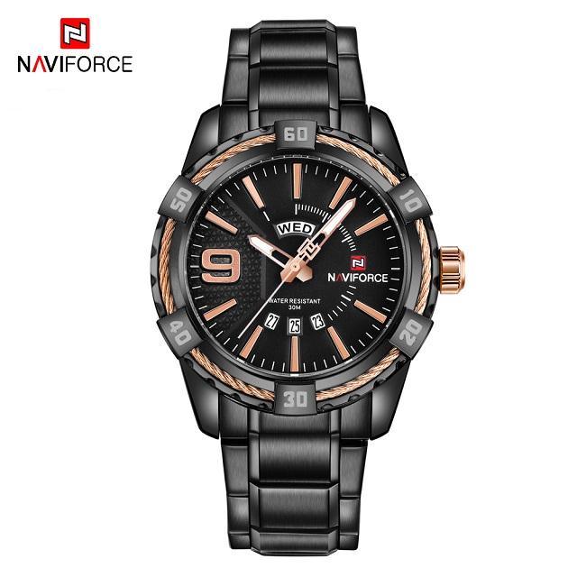 Men's Naviforce luxury stainless steel watch with day/date display, black rose-gold accents on Tampa Home & Garden Store
