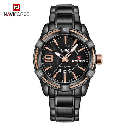 Men's Naviforce luxury stainless steel watch with day/date display, black rose-gold accents on Tampa Home & Garden Store