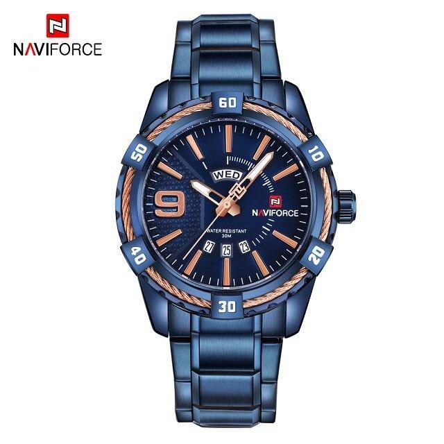 Men's blue stainless steel wristwatch with day and date display and copper bezel Naviforce logo on Tampa Home & Garden Store