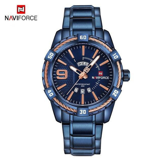 Men's blue stainless steel wristwatch with day and date display and copper bezel Naviforce logo on Tampa Home & Garden Store