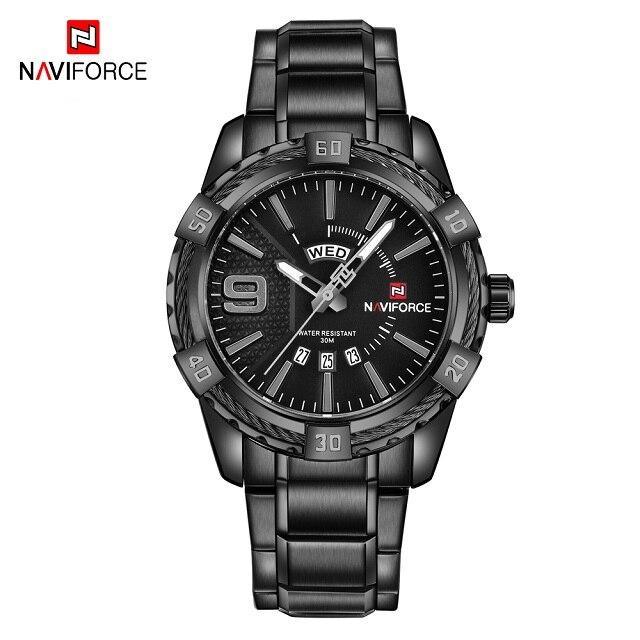 Men's NAVIFORCE stainless steel waterproof watch with day and date display black dial on Tampa Home & Garden Store