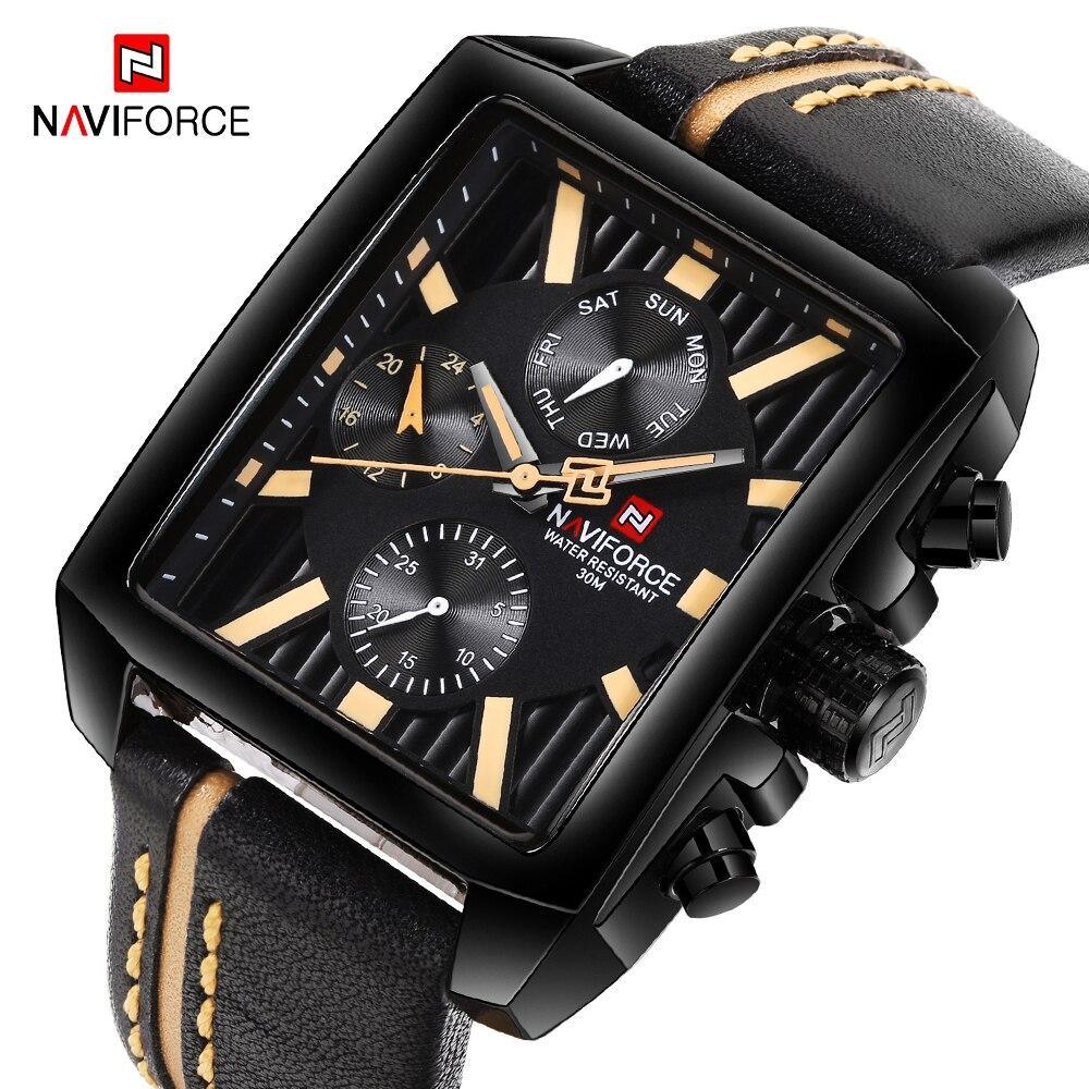 Men's waterproof watch with square black case, leather strap and chronograph subdials Naviforce on Tampa Home & Garden Store