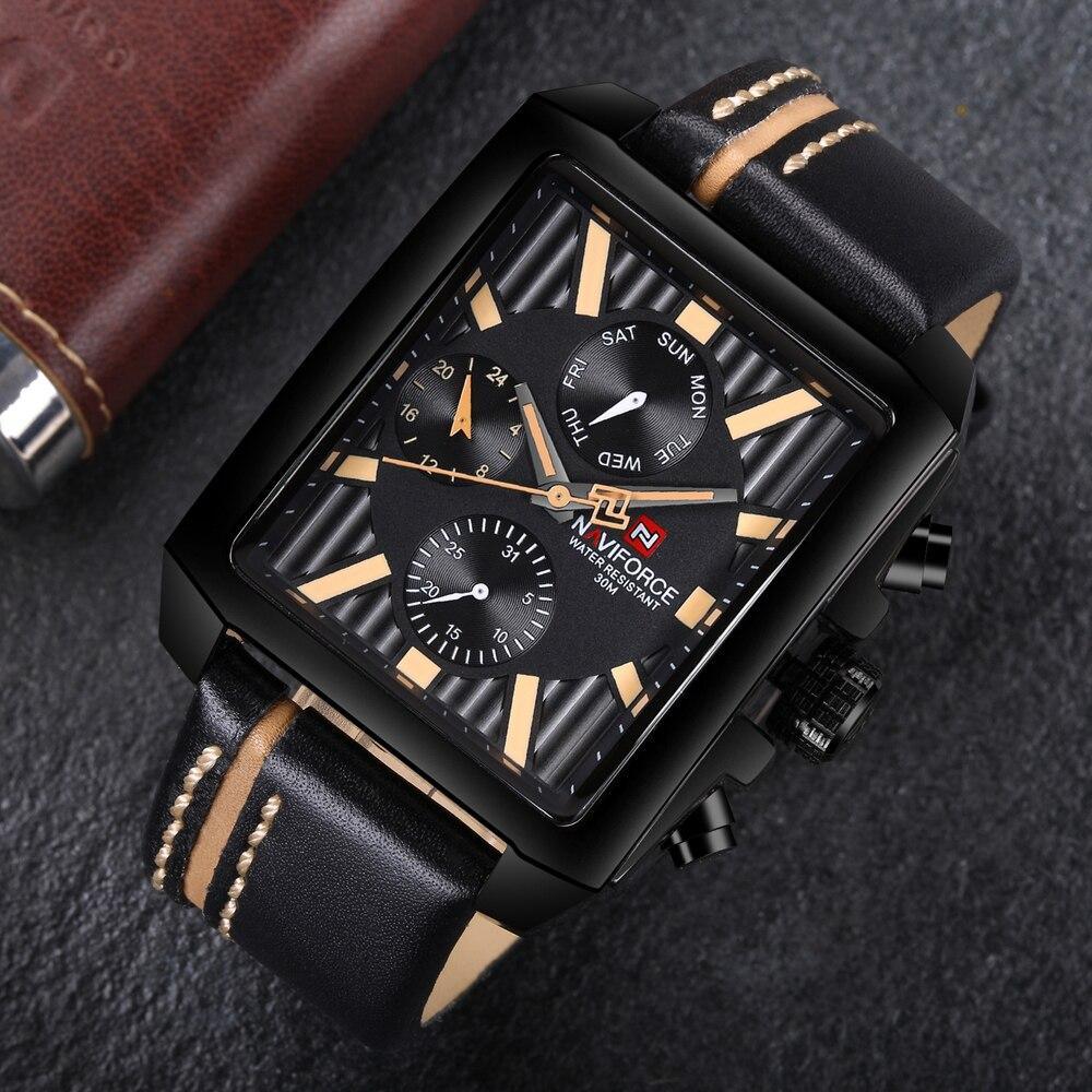 Stevvex men's waterproof watch with black square case, leather strap and gold-tone markers on Tampa Home & Garden Store