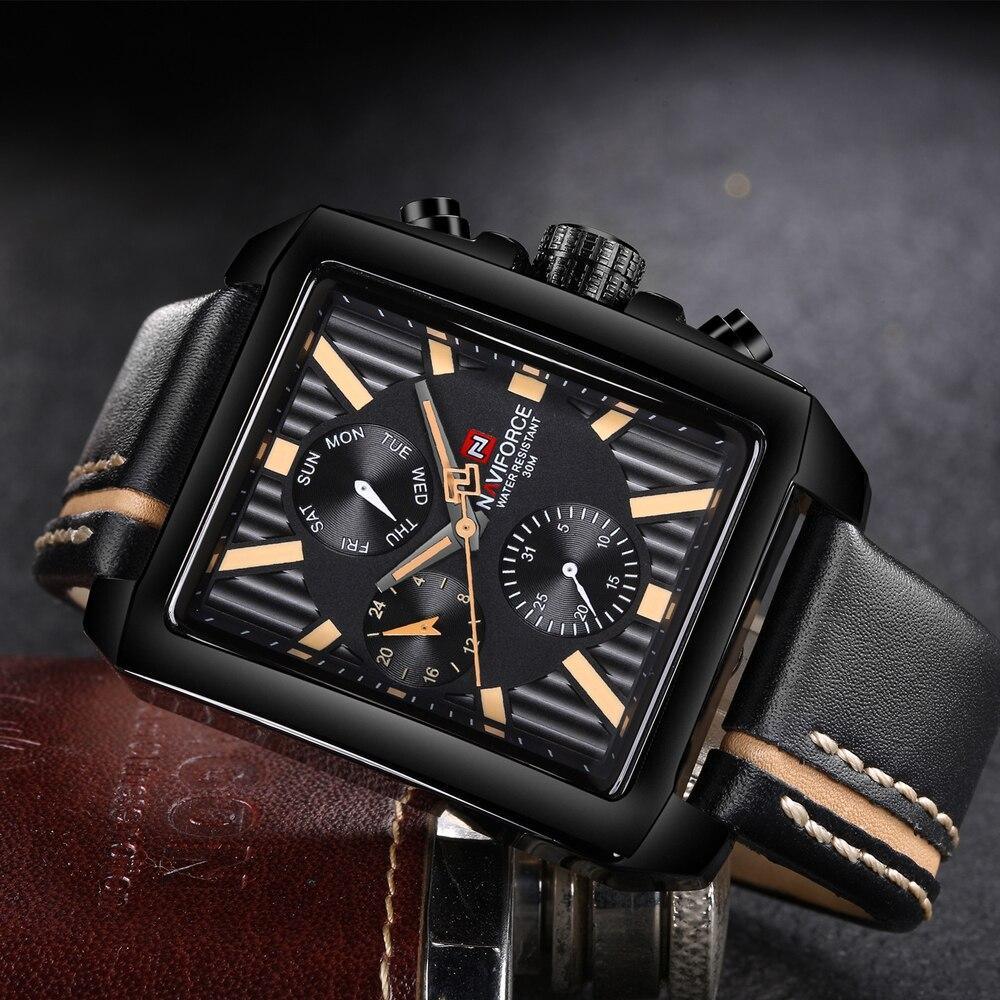 Men's waterproof Stevvex watch with black rectangular case, gold indices, leather strap on Tampa Home & Garden Store