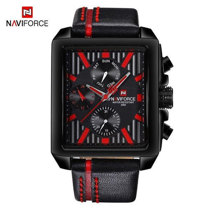 Naviforce men's square chronograph watch with black case red accents and leather strap on Tampa Home & Garden Store