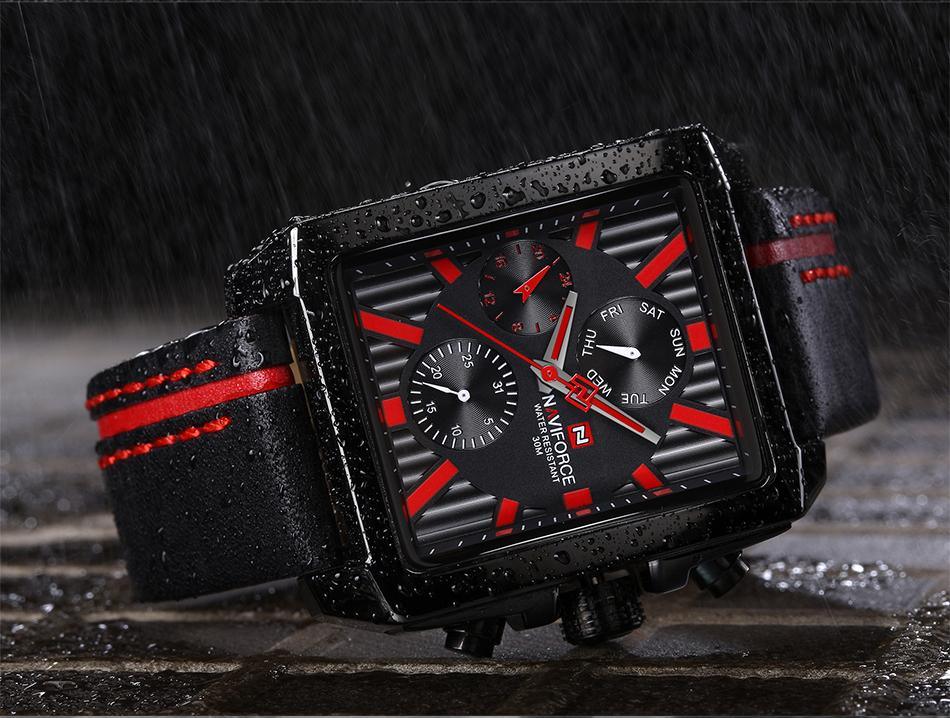 Men's Stevvex waterproof watch ST1N360MCK with black dial, square case, leather strap on Tampa Home & Garden Store