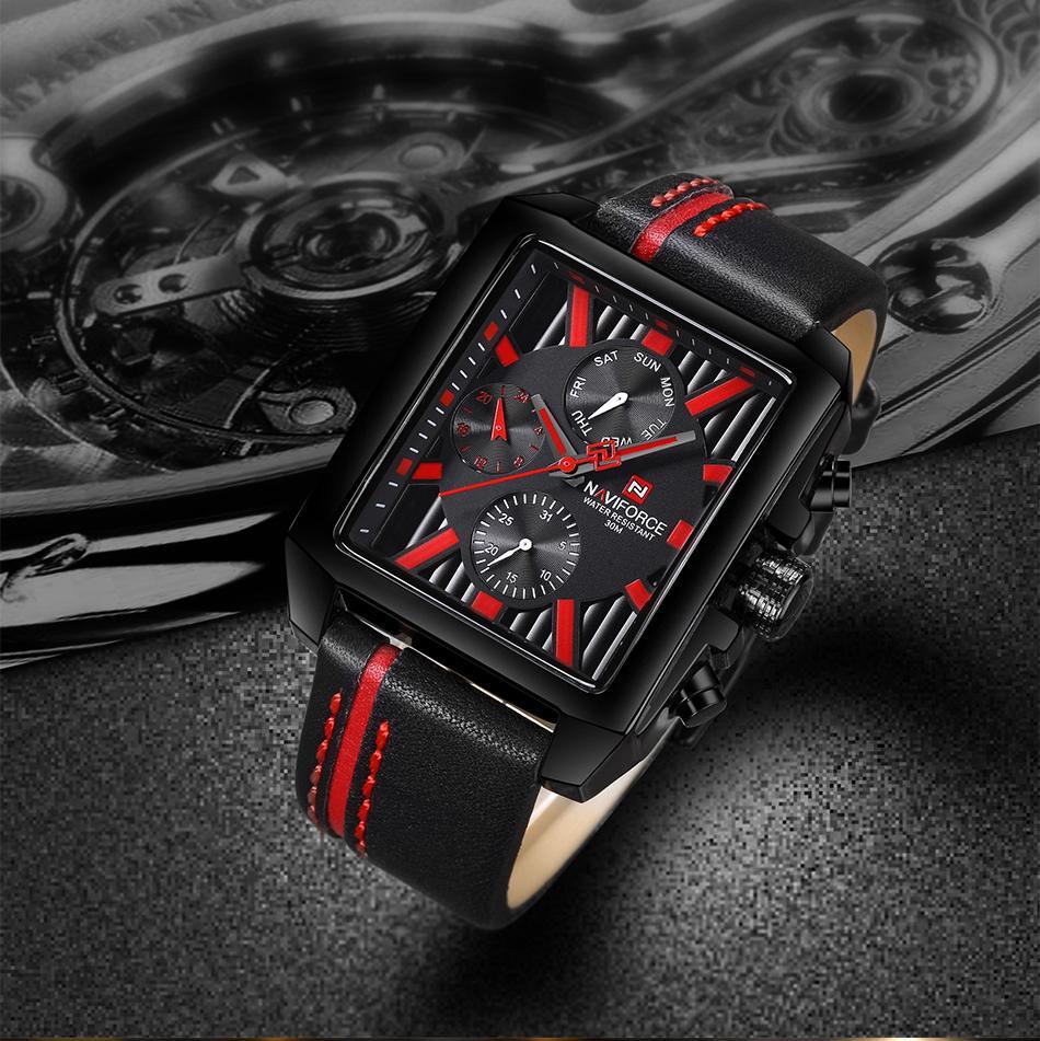 Men's waterproof watch with black square case and red-stitch leather strap Stevvex on Tampa Home & Garden Store