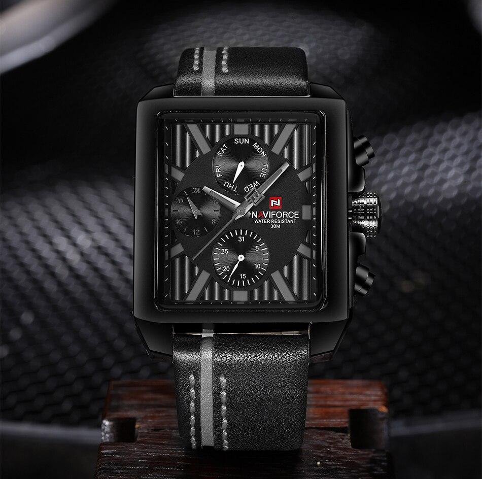 Men's waterproof Naviforce watch with black leather strap, square chronograph dial, retro style on Tampa Home & Garden Store