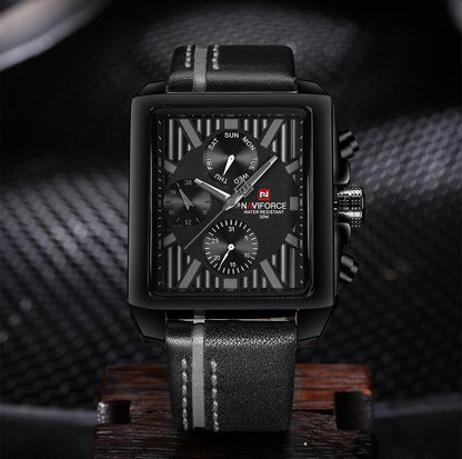 Men's waterproof Naviforce watch with black leather strap, square chronograph dial, retro style on Tampa Home & Garden Store
