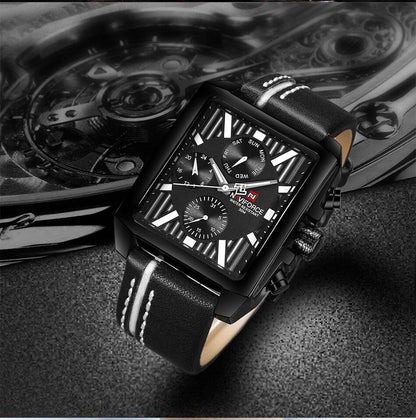 Men's Stevvex waterproof watch with leather strap, square retro chronograph design on Tampa Home & Garden Store