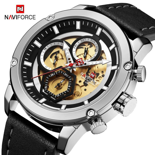 Sport watch for men, waterproof analog quartz with leather band, unique design NAVIFORCE logo on Tampa Home & Garden Store