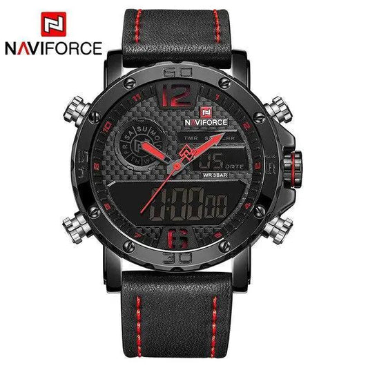 Men's Naviforce sports watch with black dial, carbon fiber face, accents, leather strap on Tampa Home & Garden Store