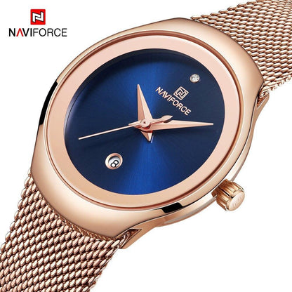 Women's Elegant Stainless Steel Watch with braided rose-gold mesh bracelet Naviforce blue dial waterproof wristwatch on Tampa Home & Garden Store