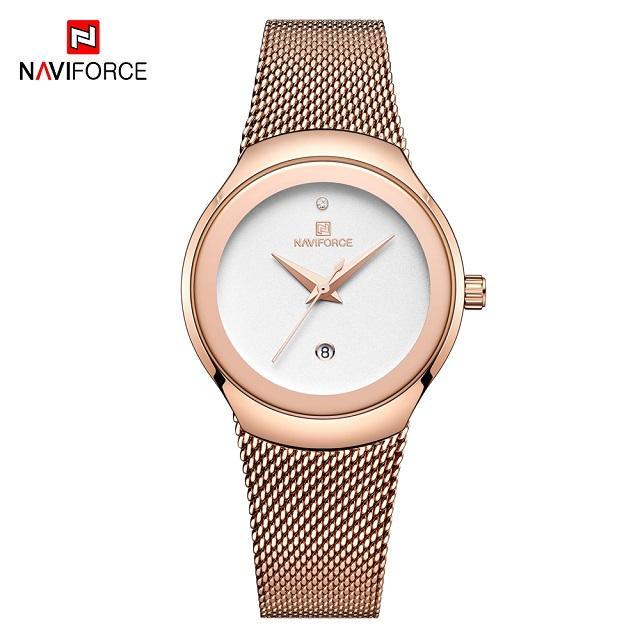 Women's rose gold stainless steel watch with braided mesh bracelet by Naviforce on Tampa Home & Garden Store