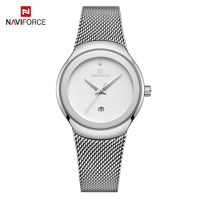 Women's elegant stainless steel watch with braided mesh bracelet, silver dial, Naviforce on Tampa Home & Garden Store