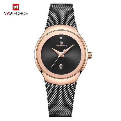 Naviforce women's stainless steel watch with rose-gold case and mesh bracelet, black dial on Tampa Home & Garden Store