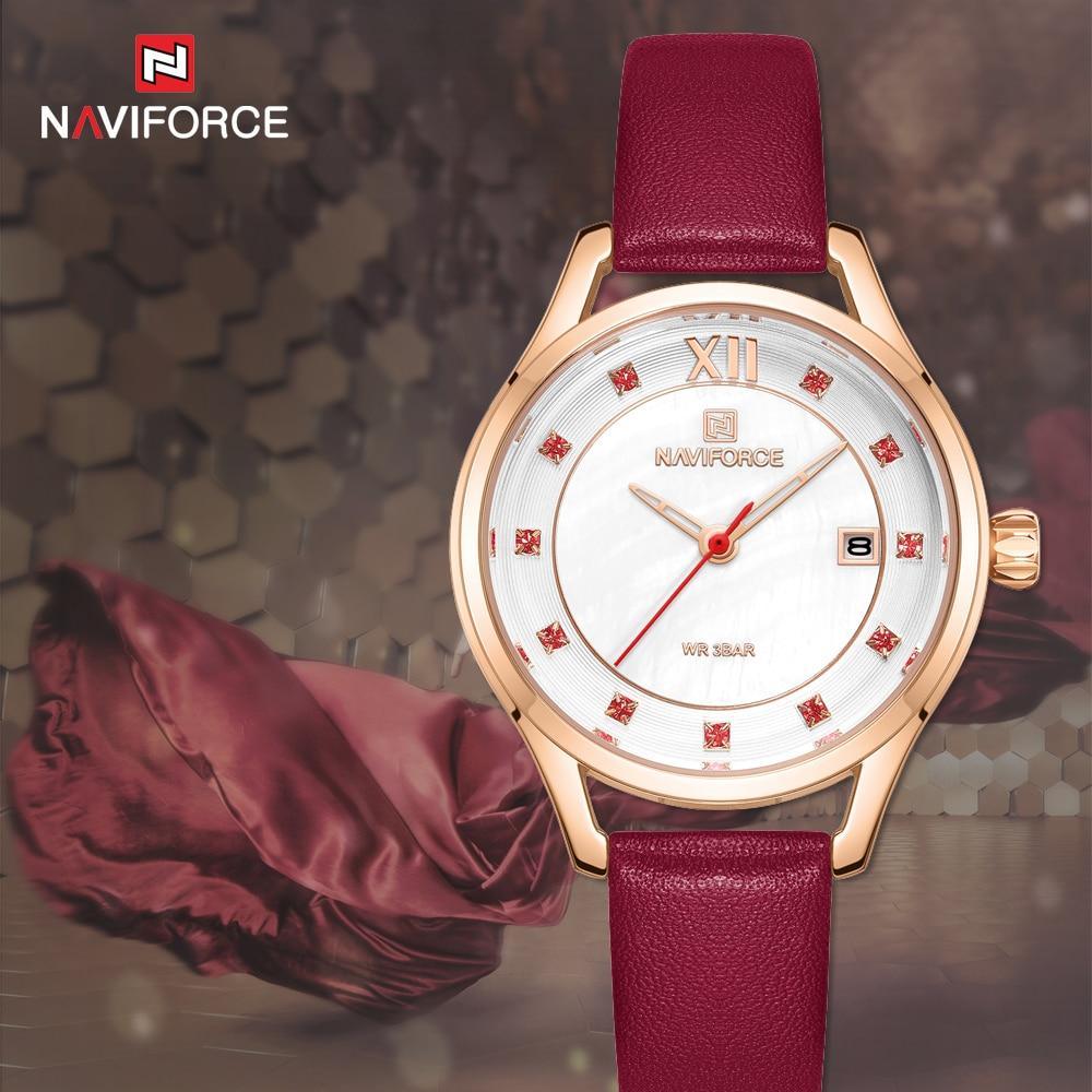 Naviforce women's watch with burgundy leather strap and rose gold case, dial with red markers on Tampa Home & Garden Store