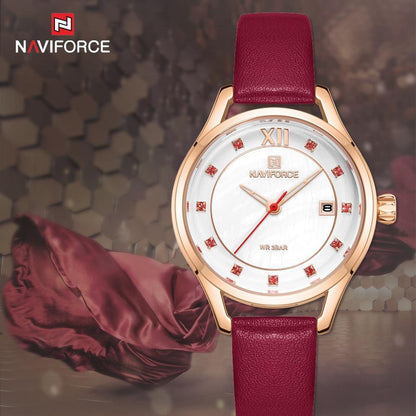Naviforce women's watch with burgundy leather strap and rose gold case, dial with red markers on Tampa Home & Garden Store