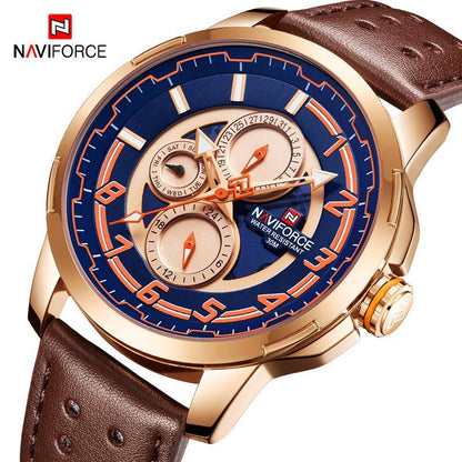 Stevvex sport watch for men with blue dial, rose-gold case, brown strap, Naviforce logo on dial on Tampa Home & Garden Store