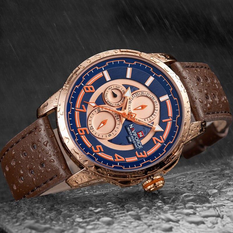 Stevvex men's sport watch with blue dial, waterproof rose gold case, brown leather strap on Tampa Home & Garden Store