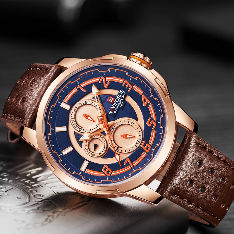 Stevvex men's sport watch rose gold case, blue dial, brown perforated leather strap with date on Tampa Home & Garden Store