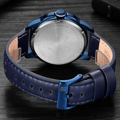 Sport watch for men with blue leather strap and blue metal case logo visible on back on Tampa Home & Garden Store