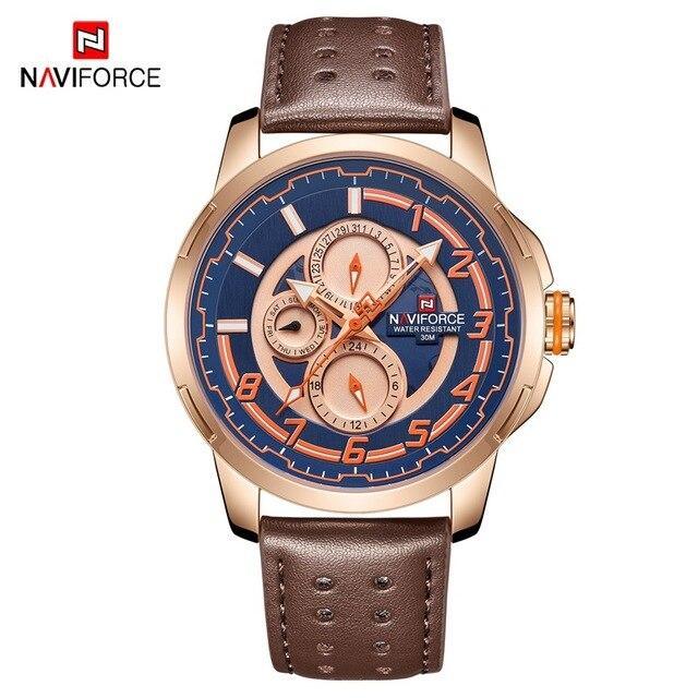 Naviforce men's sport watch, analog quartz, blue dial, rose gold case, brown leather strap on Tampa Home & Garden Store