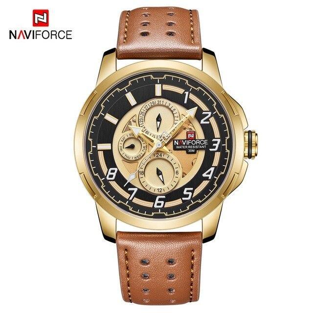 Sport watch Naviforce with gold case, black dial, subdials, date window, brown leather strap on Tampa Home & Garden Store