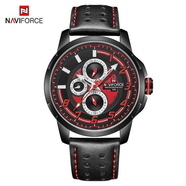 Naviforce sport watch for men analog quartz black dial red accents strap with red stitching on Tampa Home & Garden Store
