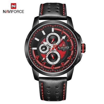 Naviforce sport watch for men analog quartz black dial red accents strap with red stitching on Tampa Home & Garden Store