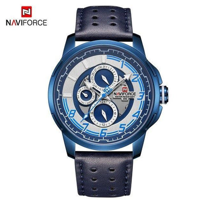 Sport watch Naviforce with blue metal case, three subdials, blue leather strap on Tampa Home & Garden Store