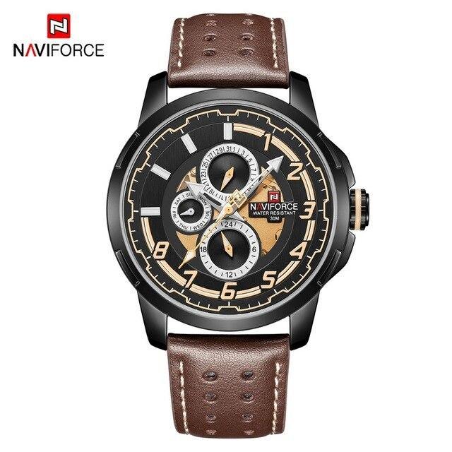 Naviforce men's sport watch with black dial, brown leather strap, analog quartz, date calendar on Tampa Home & Garden Store