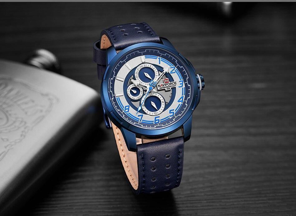 Sport watch for men blue case, perforated navy leather strap, analog with date NAVIFORCE on Tampa Home & Garden Store