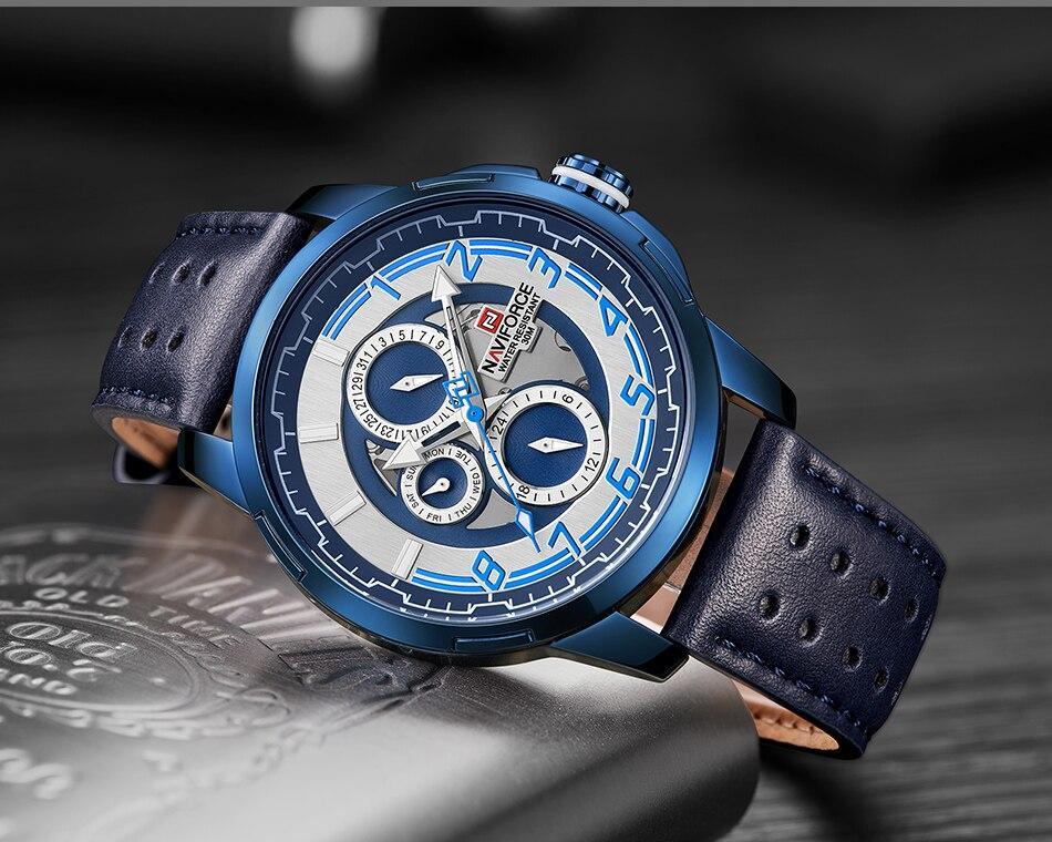 Stevvex men's blue sport watch with perforated leather strap, analog quartz chronograph on Tampa Home & Garden Store